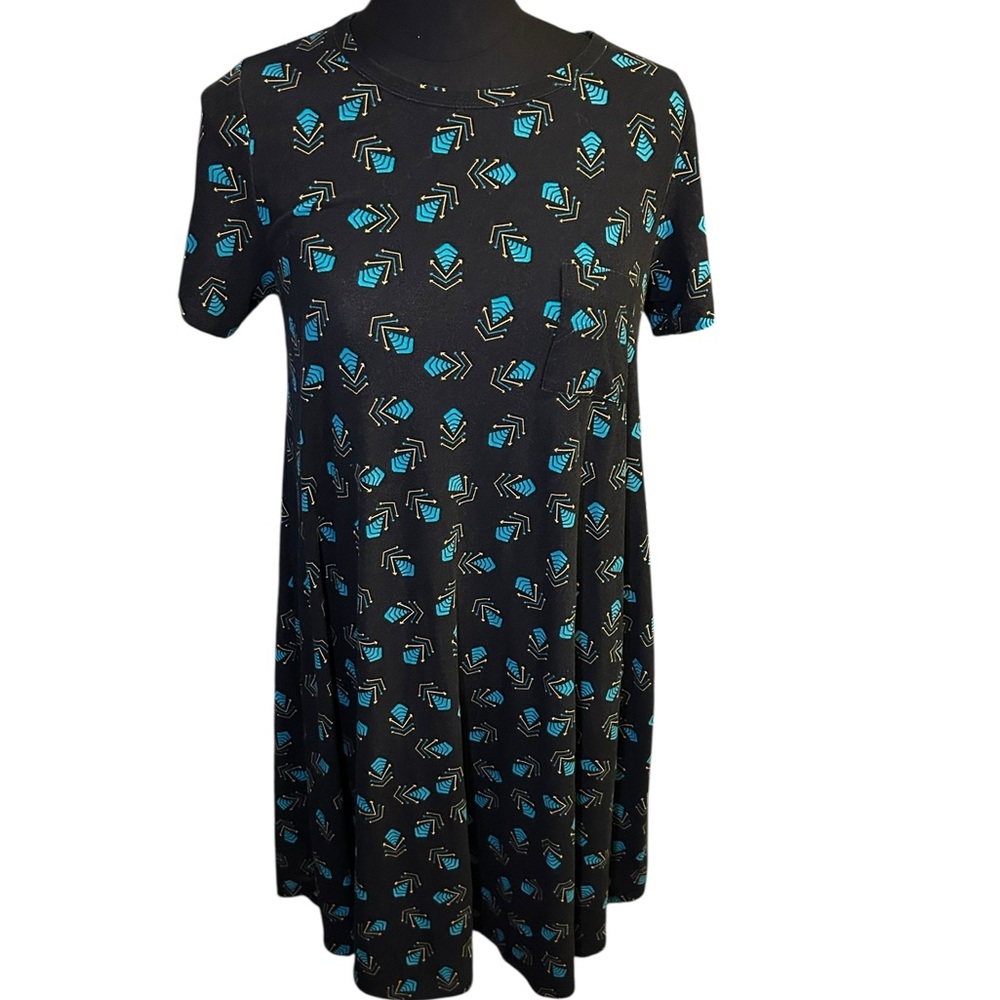 LuLaRoe Black Dress with Blue Geometric Pattern